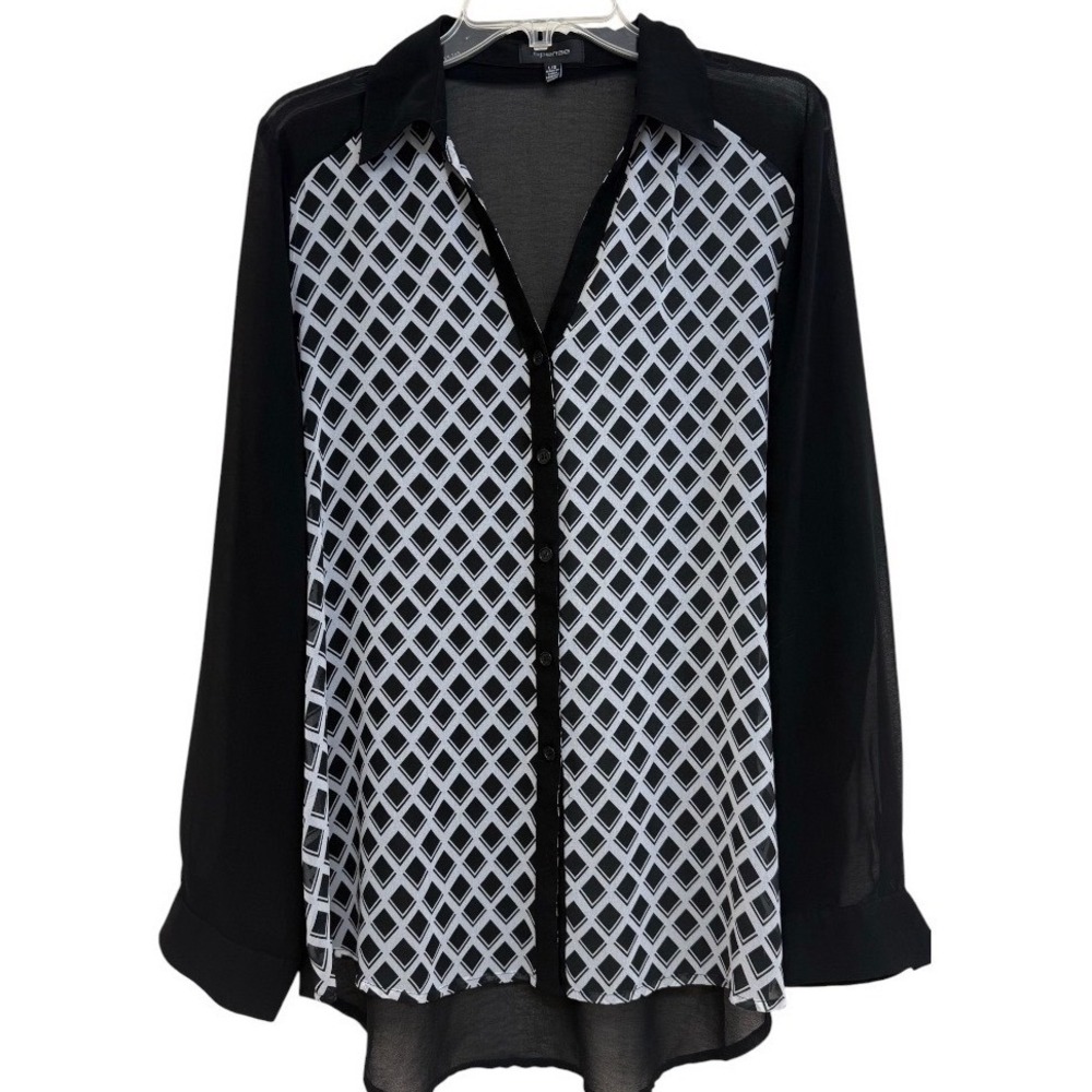 Spense Womens Large Black White Diamond Print Sheer Back Button Down Blouse Top